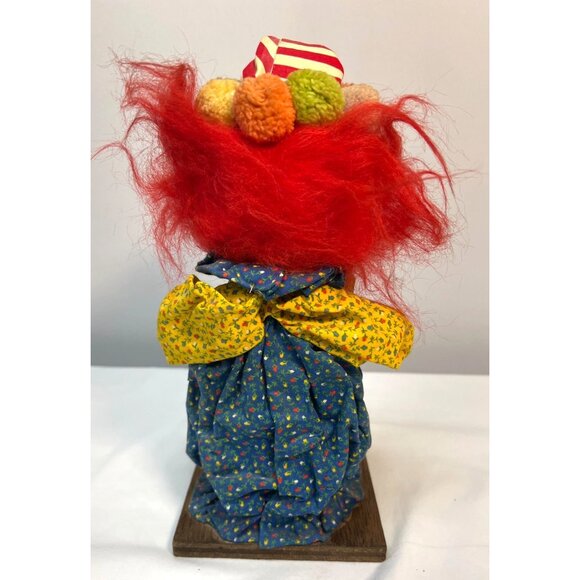 Vintage Paper Mache Face 11” Boy Clown With Red Hair Pom Pom On Wood Stand - Picture 5 of 5